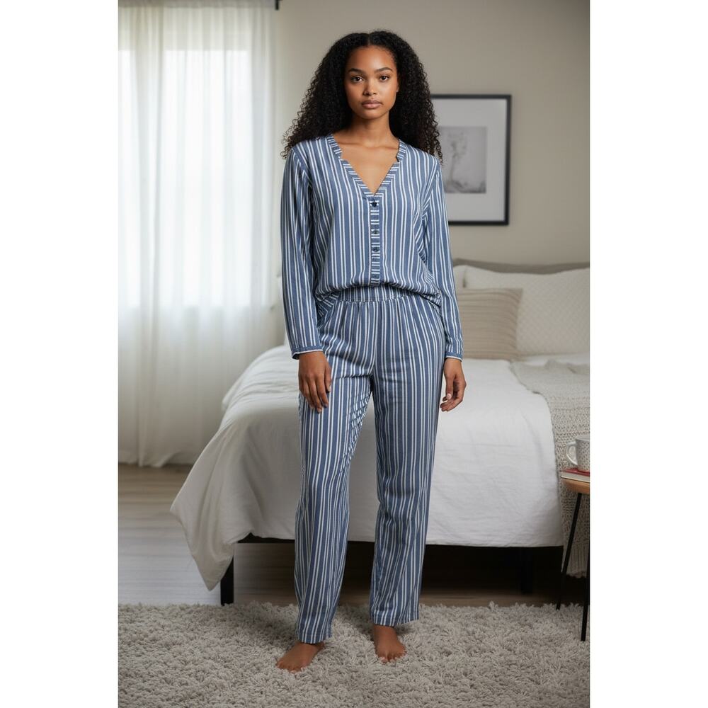 HANRO Blue White Stripe Pajama Sleep Top XS Viscose Portugal Missing Button